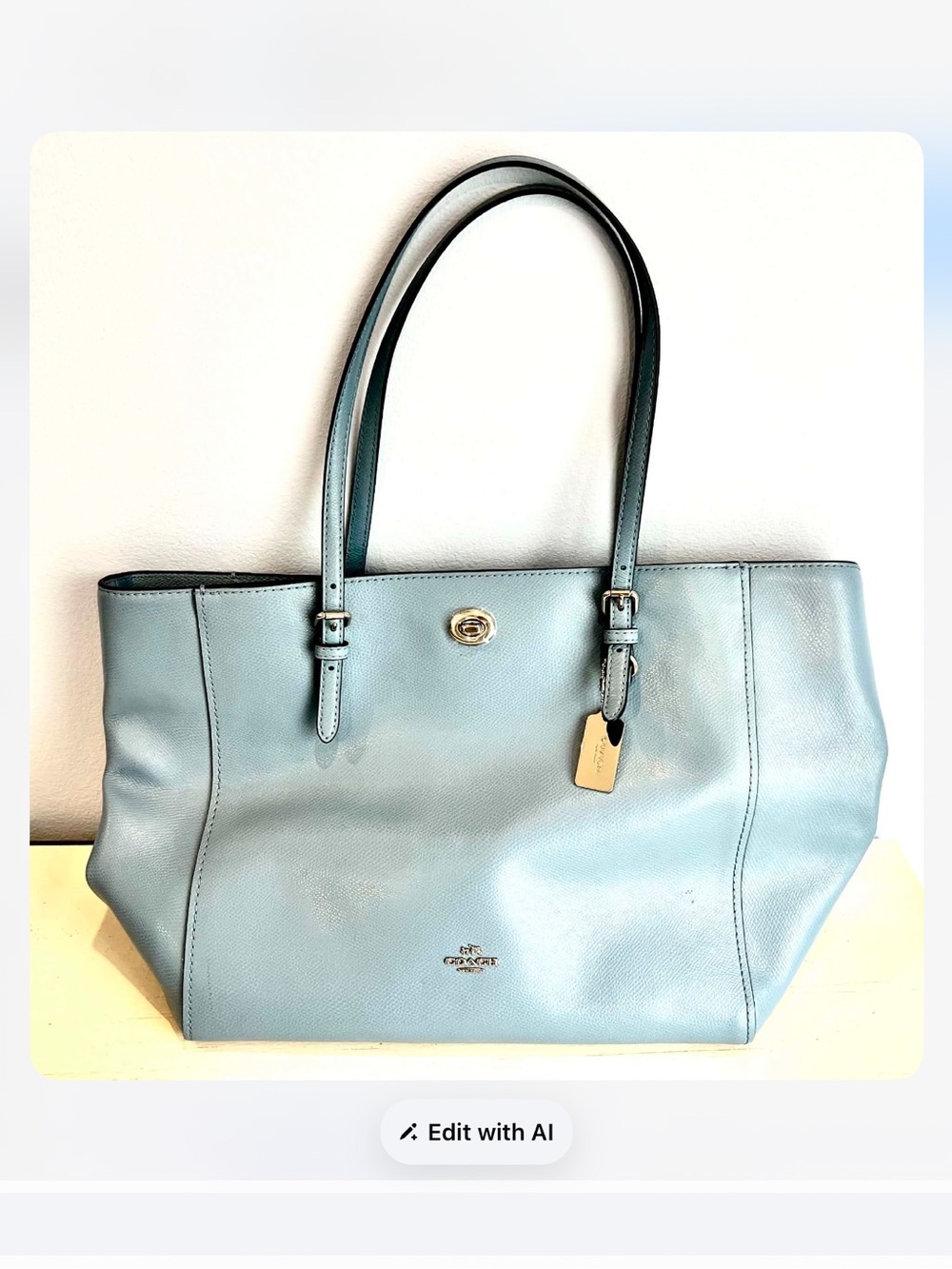 Coach Light Blue Leather Tote with Turn-Lock and Tag, NWOT
